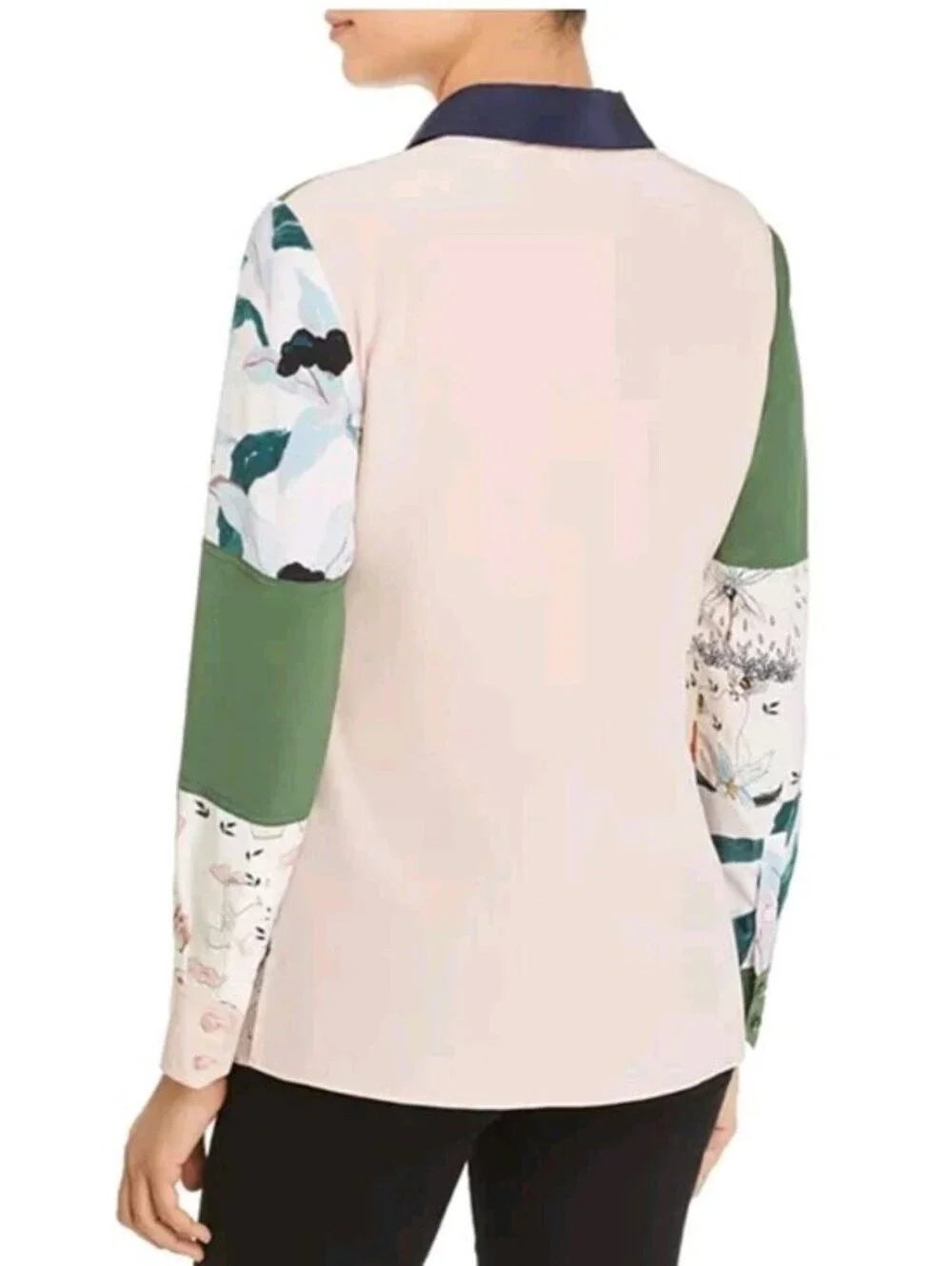 Tory Burch Sz 2 Patchwork Silk Shirt Green White Pink Ivory Poetry Print Blouse - Picture 3 of 9